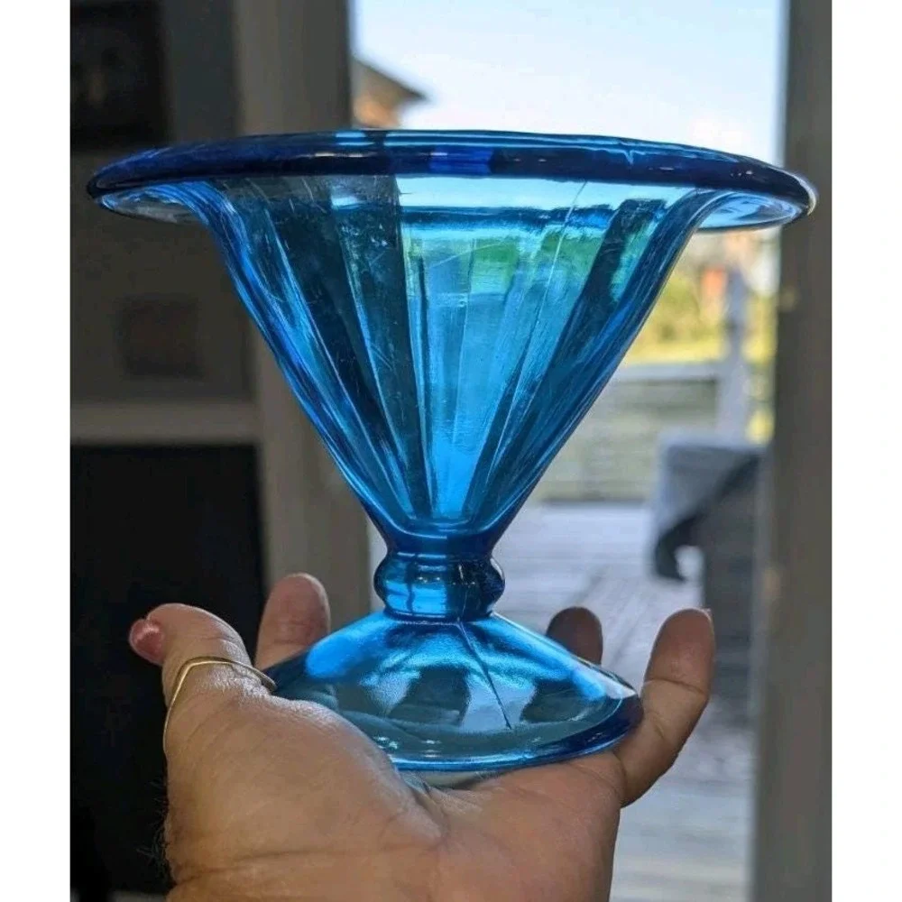 Vintage Aqua Blue Glass Footed Compote Pedestal Bowl Fluted Optic UV Reactive